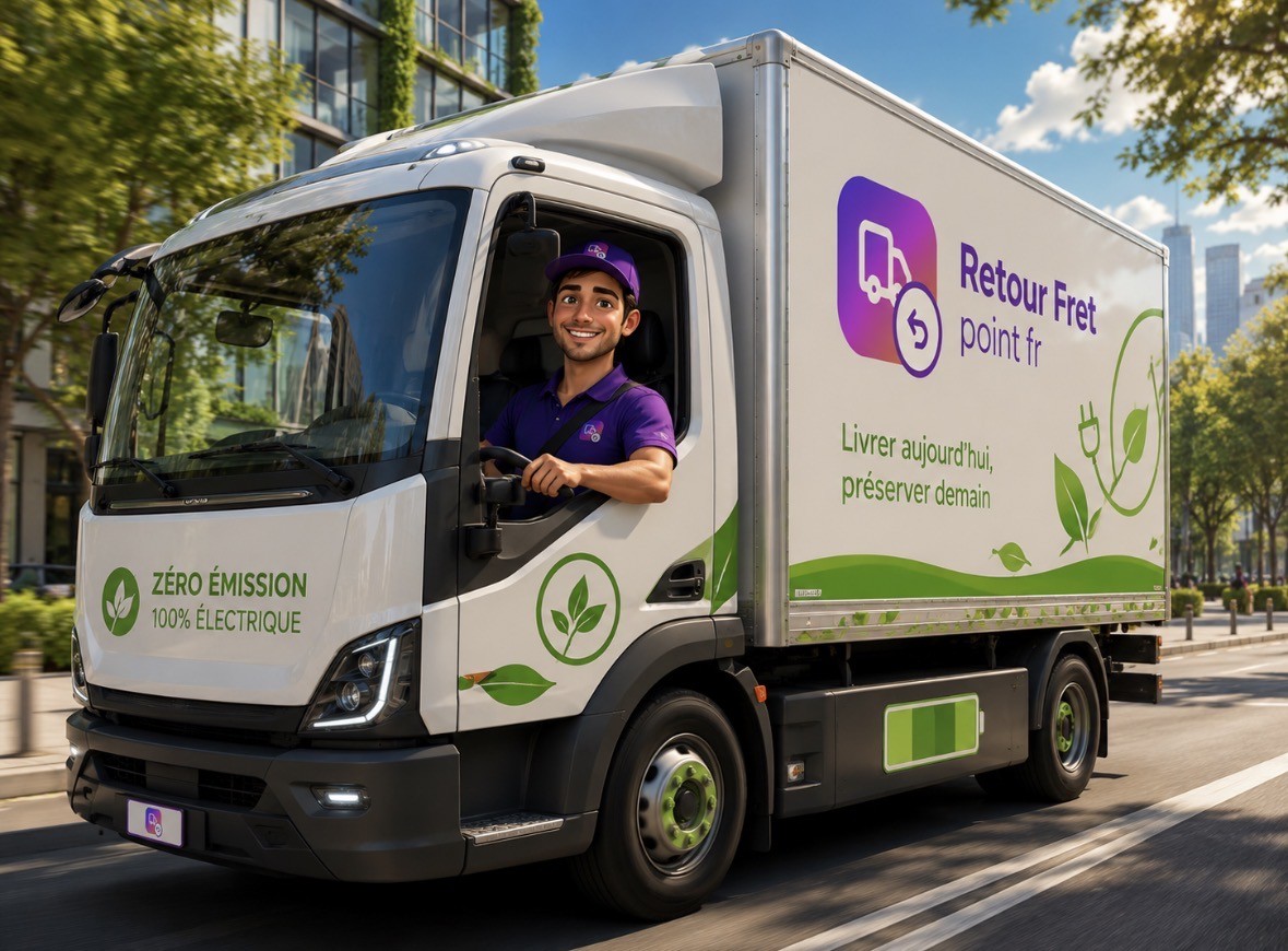 Illustration d'un livreur RetourFret au volant d'un camion électrique zéro émission