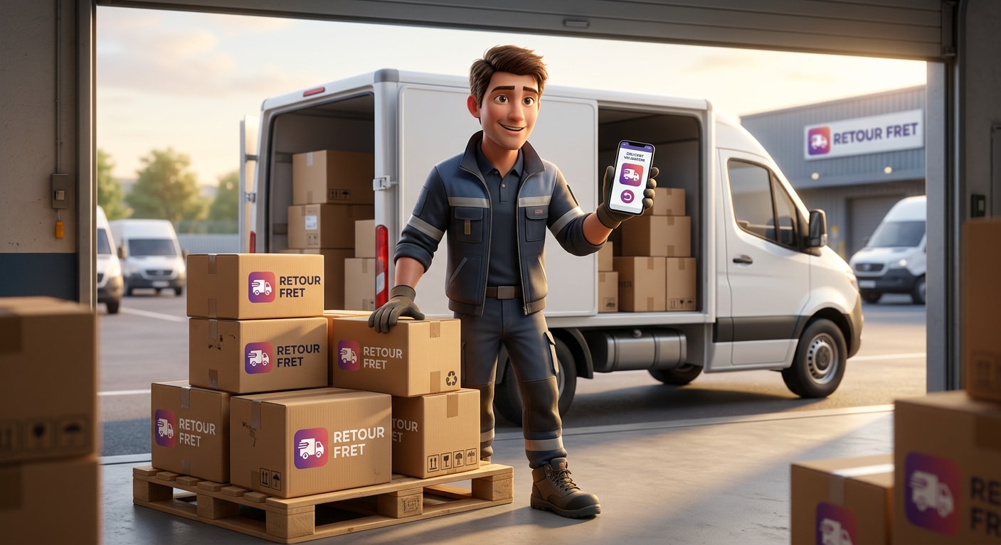 Livreur RetourFret consultant l'application devant son camion et des cartons floqués