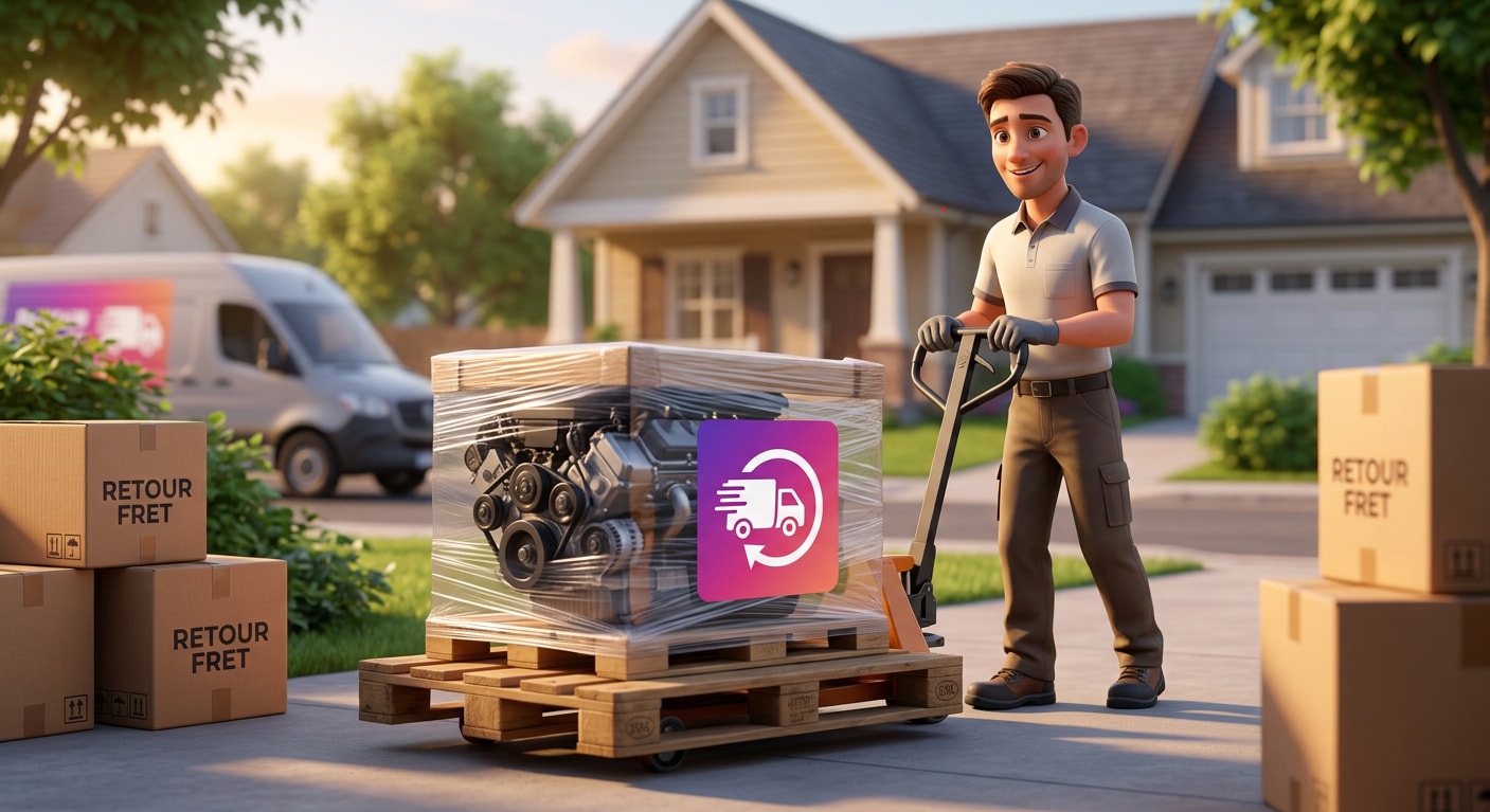 Illustration d'un livreur RetourFret transportant une pièce mécanique emballée devant une maison